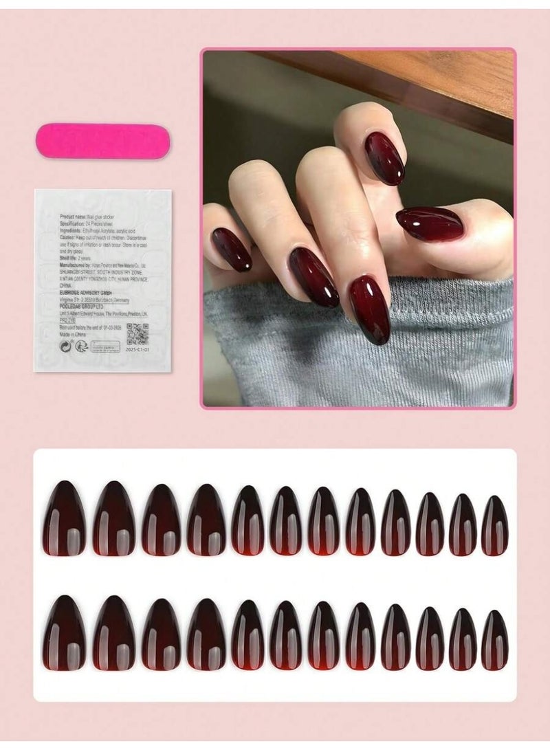 أظافر تركيب لون عنابي غامق 24 قطعة – شكل لوزي/مدبب لامع مع ملصقات لاصقة ومبرد - Image 2